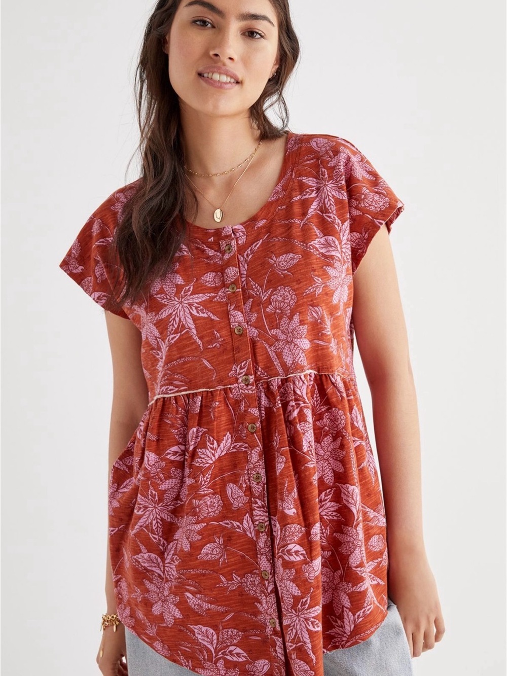 Anthropologie Rust Pink Floral Button-Front Babydoll Top